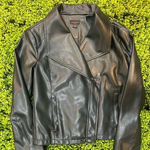 Dark green faux leather Ann Taylor moto jacket.
